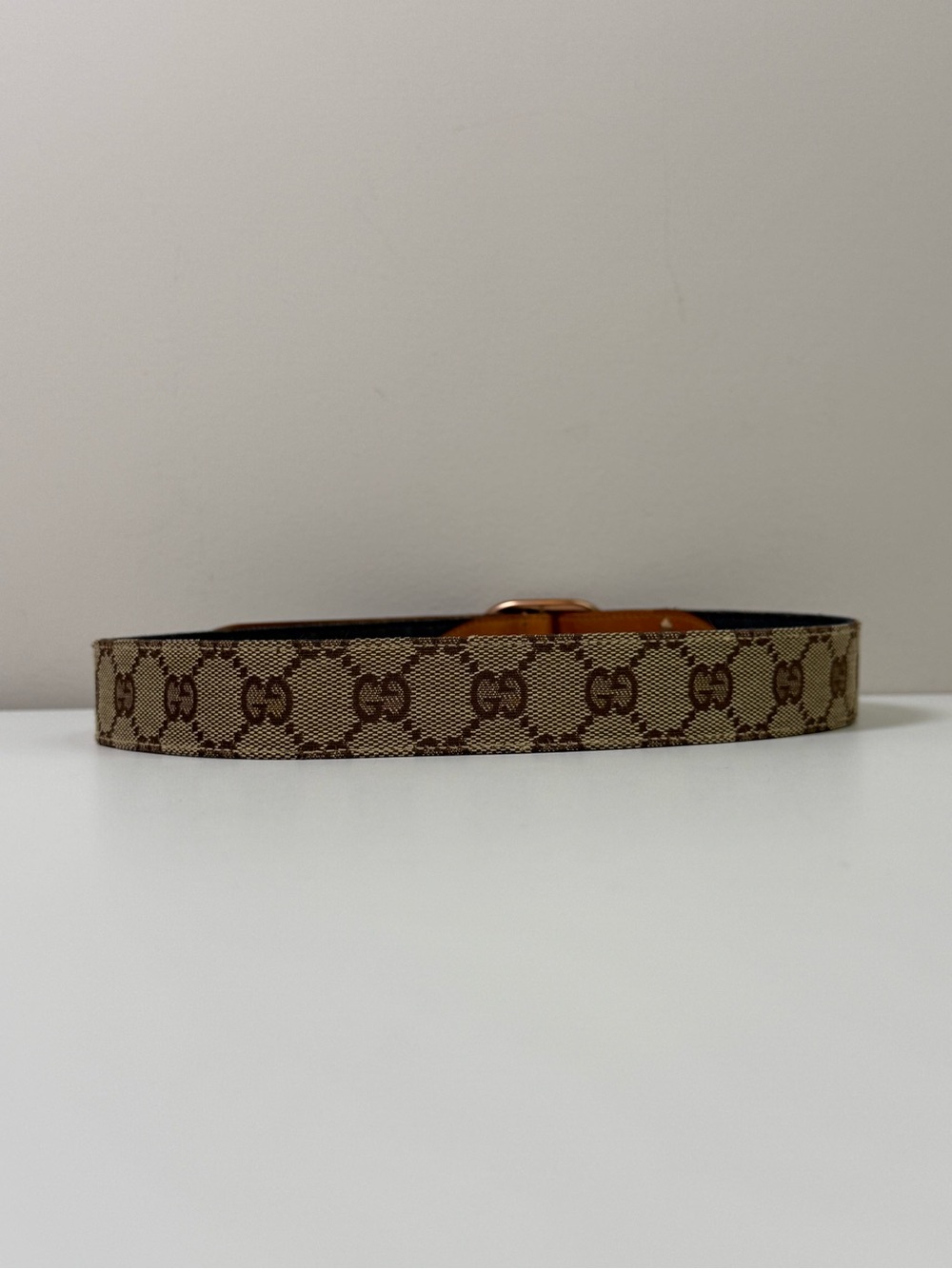 Gucci Vintage GG Monogram Canvas Belt Brown Leather Trim Gold Tone Buckle - Picture 3 of 16